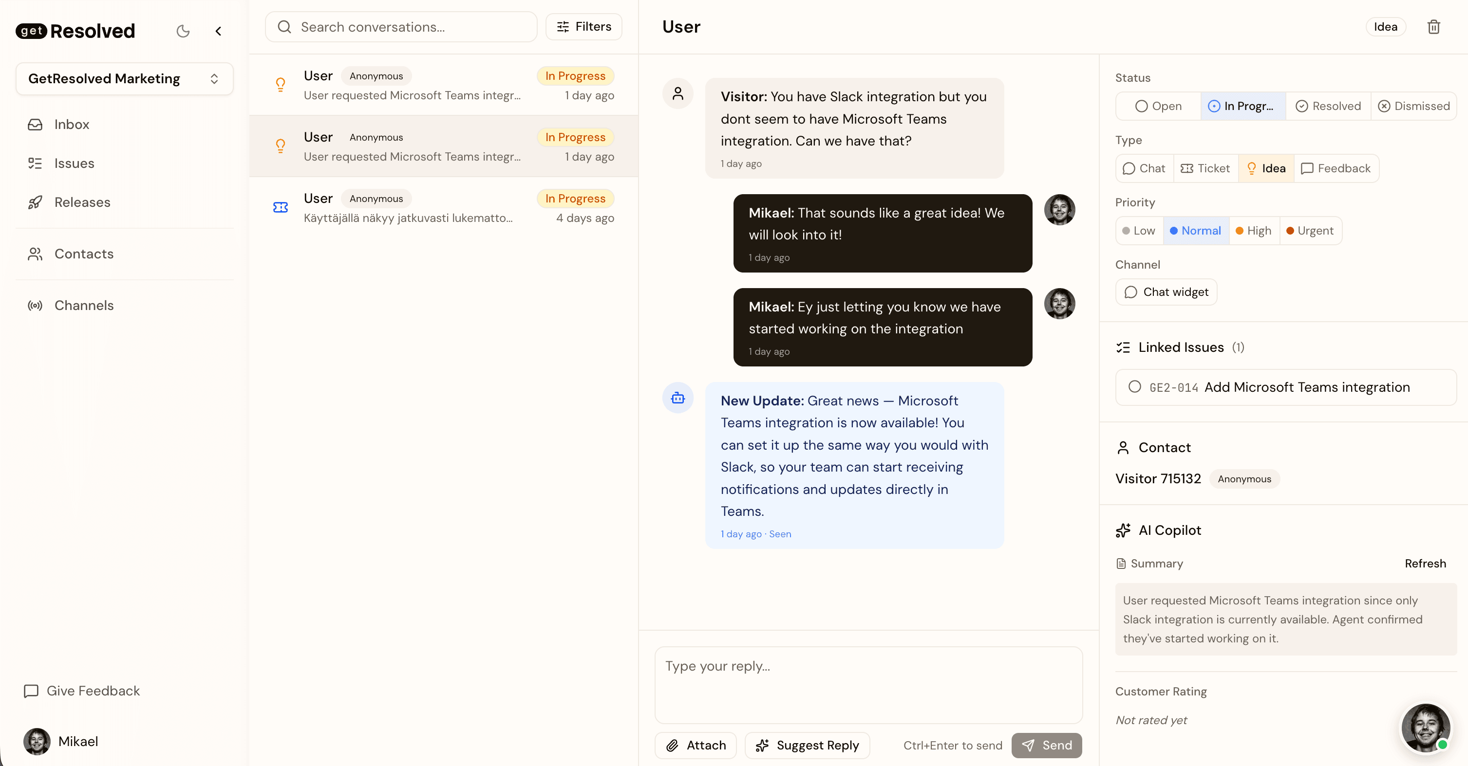 A GetResolved customer conversation with linked issues