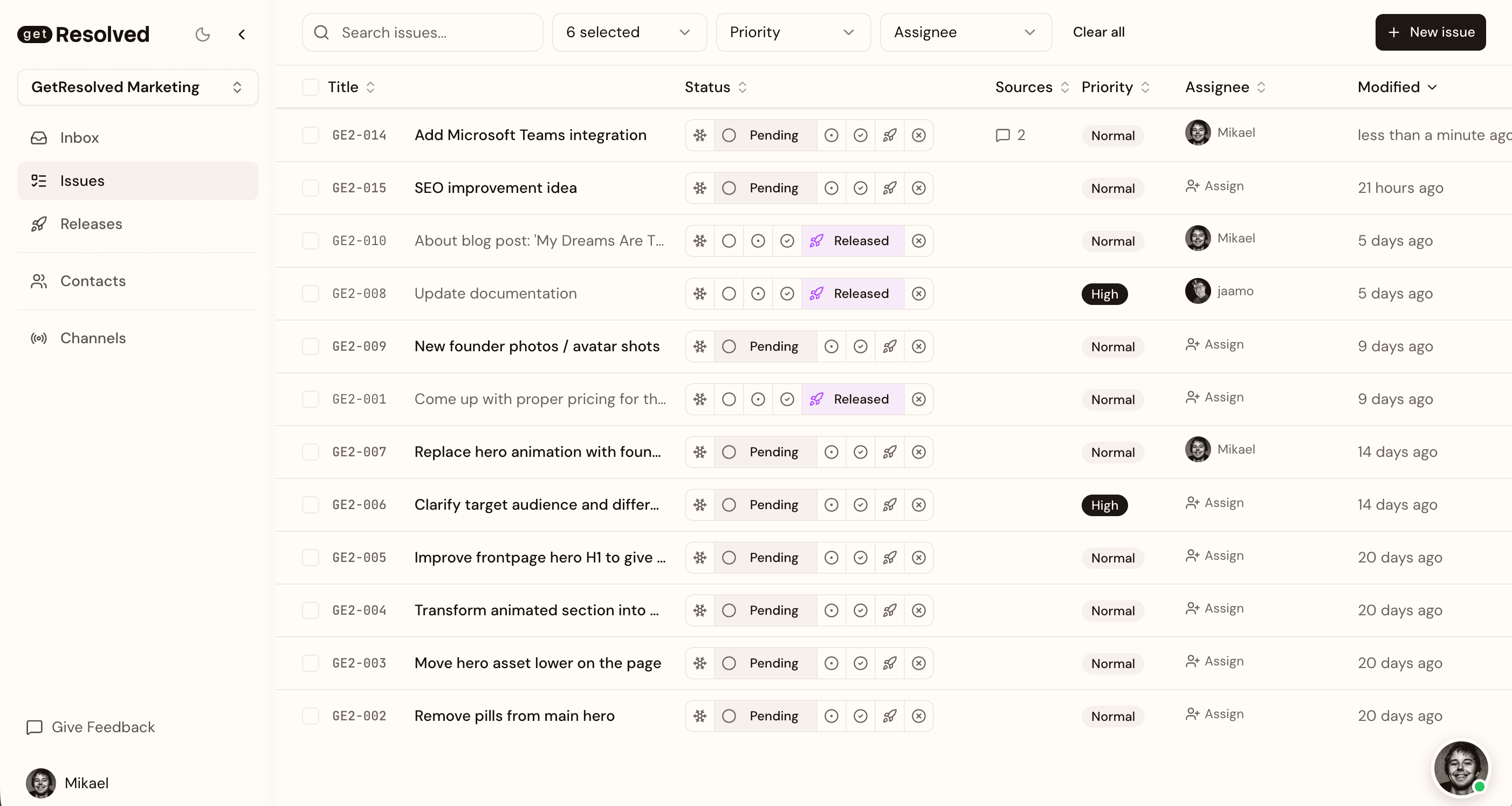 The GetResolved issues list