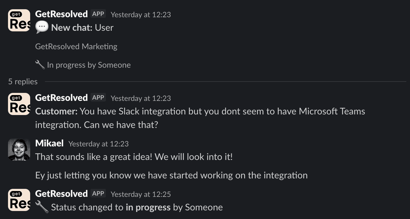 A GetResolved conversation handled in a Slack thread